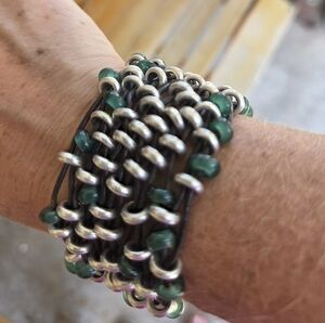 Uno De 50 Sterling Silver and Green Jade Beaded Bracelet Made In Spain
